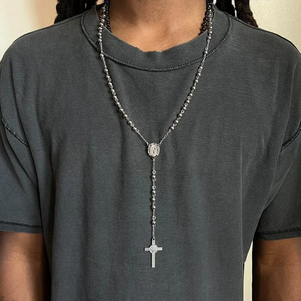 y2k 2000s chrome silver rosary bead necklace